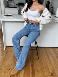 EURMUSE Quần jean nữ cạp cao, ống thẳng, màu xanh nhạt - Màu xanh nhạt - Xem 4