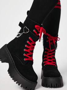 ROMWE Grunge Punk Giày bốt nữ phong cách rock punk goth buộc dây, bốt cổ ngắn đế dày, đế cao, thích hợp cho Giáng sinh và Ngày Valentine. - Màu đen - Xem 2