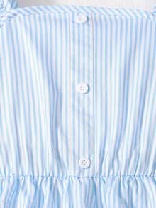 SHEIN Sparklyn 1 pieza Mono con estampado, manga corta, volantes en el bajo, diseño de botones falsos, color azul y blanco, adecuado para viajes, vacaciones o ropa de playa, primavera/verano - Azul - Ver 5