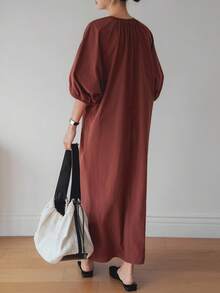 Dazy-Less 夏季宽松商务休闲纯色通勤办公装拼接长款衬衫裙，收腰设计，泡泡袖，短袖女款 - 紅木色 - 查看 3