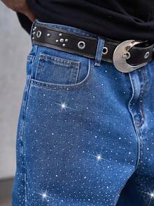 Manfinity EMRG Jeans holgados con bolsillos en diagonal y decoración de rhinestones, para uso casual diario de hombres - Azul - Ver 5