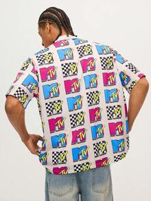 MTV | SHEIN Men's Casual Fashion Street Full-Width Letter Print Lapel Collar Short Sleeve Shirt, Summer - Hot Pink - View 2