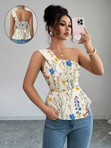 Elenzga Women's Elegant Floral Print Asymmetric Ruffle Top, With Waist Cinching Design To Accentuate Curves And Exude Refined Sophistication. Suitable For Various Occasions, From Formal Work Attire And Commuting, To Sexy, Romantic French Style, Casual Outings, Vacations, Middle Eastern Vintage Themed Events, Cozy Afternoon Tea Gatherings, Glamorous Parties, As Well As New Year, Thanksgiving And Christmas Celebrations. - Apricot - View 6