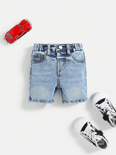 SHEIN Baby Boys Summer Casual Soft Washed Cat Whiskers Slim Fit Blue Denim Shorts ,Baby Spring/Summer Clothes Spring Break Outfit Daily Wear Outfits