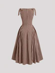 Sweetra 女士船领浪漫复古格子学院风系带蝴蝶结腰身优雅无袖A字连衣裙，春夏款 - 咖啡 - 查看 2