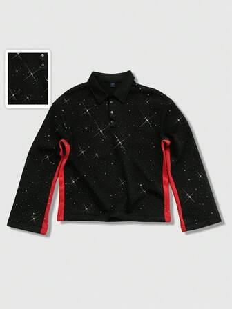 Street Life Polo à manches longues pour hommes, col contrasté avec ornements de strass, style décontracté
