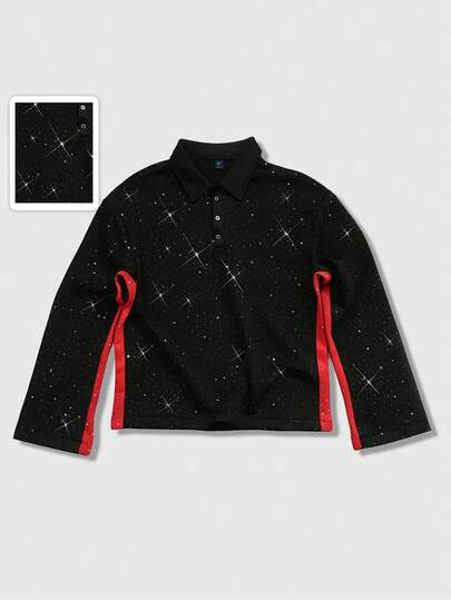 Street Life Polo à manches longues pour hommes, col contrasté avec ornements de strass, style décontracté