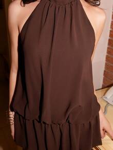 Bris Aura 女式休闲纯色荷叶边下摆挂脖连衣裙，夏季 - 咖啡 - 查看 6