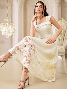 Modelyn 新款优雅浪漫精致提花A字收腰派对轻盈连衣裙 - 米色 - 查看 1