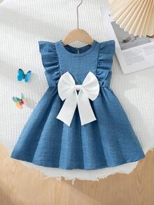 1pc Baby Girls' Summer New Round Neck Ruffle Front White Bow Decor Simple Versatile  Design Casual Cute Dress - Blue - View 3