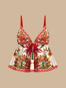 Travachic Women's Casual Vacation Plant Print Front Tie Camisole, Bohemian - Multicolor - View 1