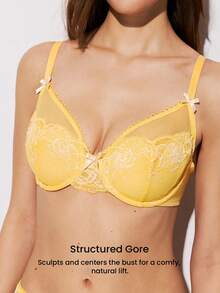 LUVLETTE Soft Woman Lingerie Breathable Underwire Sexy Unlined Minimizer Yellow Floral Lace & Sheer Mesh Bra