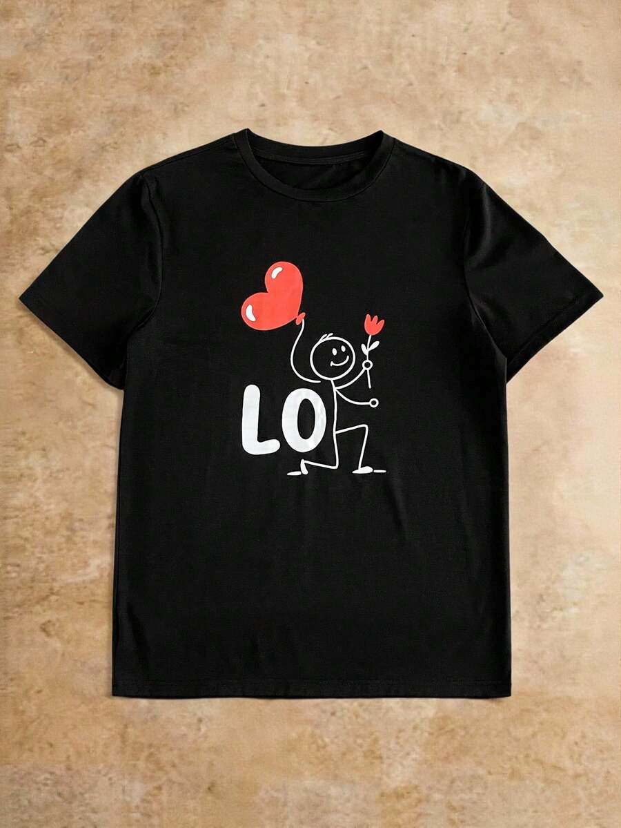 HIMLAND Men's Round Neck Letter & Heart Print Casual Everyday T-Shirt - Black - View 1