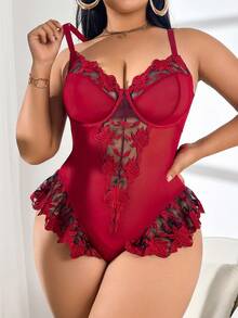 1件加大码网纱性感连体睡衣 - 酒紅色 - 查看 1