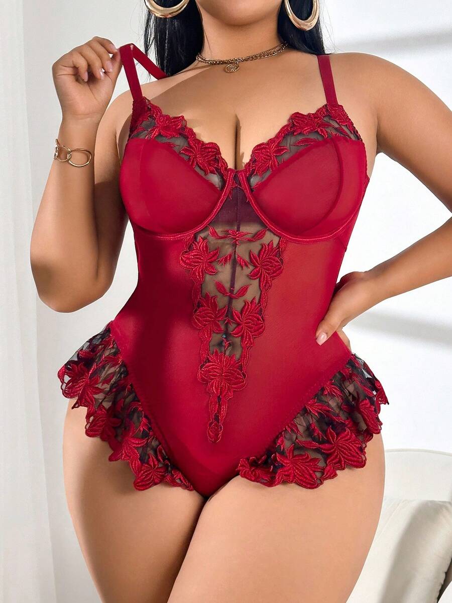 1件加大码网纱性感连体睡衣 - 酒紅色 - 查看 1