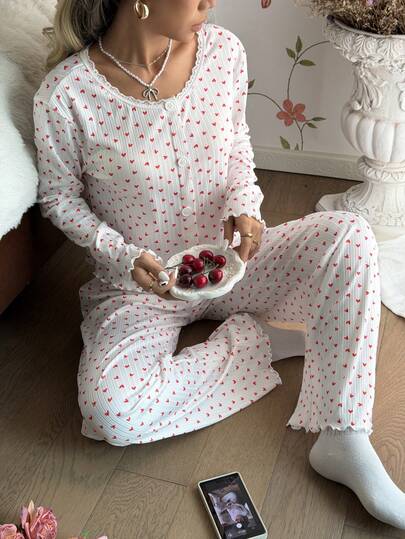 CottageSlumber Heart Print Lace Trim Decor Crew Neck Cardigan & Long Pants 2 Pieces Pajama Set