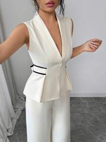 Elenzga 杏色和黑色撞色收腰V领无袖优雅职业正装套装，适合工作、会议、教师、学生、旅行等场合，春夏两件套 - 杏色 - 查看 5