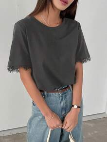 女士撞色蕾丝宽松短袖优雅T恤，商务休闲女装 - 灰色 - 查看 5