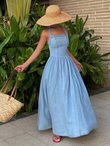 DAZY 女士束腰露背休闲优雅长款牛仔连衣裙，度假风 - 淺色水洗藍 - 查看 3