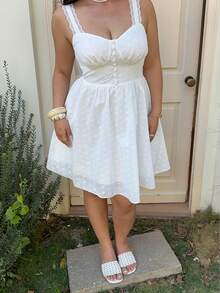 Sunnyshic Plus Size V-Neck Lace Patchwork Cinched Waist Flared White Dress, Spring/Summer - White - View 1