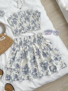 SHEIN Kids Summer Outfits  Squishy Teen Girls Landscape Painting Blue & White Print Tube Top Woven Tight Cropped Camisole Top With High Waist Layered Ruffle Hem Cake Skirt Vacation Casual Outfit Set Two Piece Set Summer Teen Skirt Two Piece Set Linen Two Piece Set Girls Dress Two Piece Preppy Two Piece Set - Blue and White - View 2