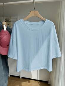 SHEIN Comfortcana 大码女式夏季休闲日常通勤简约纯色落肩宽松T恤 - 藍色 - 查看 3