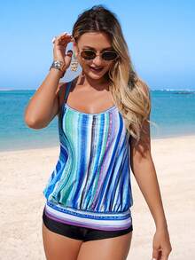 Swim Lushoire Bộ đồ bơi Tankini họa tiết sọc nhiều màu sắc mới, mẫu Xuân/Hè 2026, dành cho phụ nữ trung niên. - Nhiều màu - Xem 3