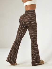 Dewbera 女士常规腰围黑色波点印花喇叭裤，适合日常休闲穿着、跑步、瑜伽、健身、网球、高尔夫等运动，秋冬季款 - 棕色 - 查看 4