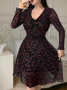 Feyla Women's Elegant Ditsy Floral V-Neck Bowknot Decor Waist Cinched Short Dress, Suitable For Spring/Autumn - Pink - View 3