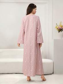 Yasmyna V-Neck Floral Print Front Button Abaya, Pink - Pink - View 5