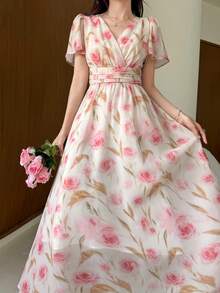 DAZY Đầm voan họa tiết hoa nhí mùa xuân hè, đầm midi thanh lịch thắt eo, phong cách thường ngày đi nghỉ mát, phù hợp cho đám cưới, đầm đi làm. - Hồng - Xem 3