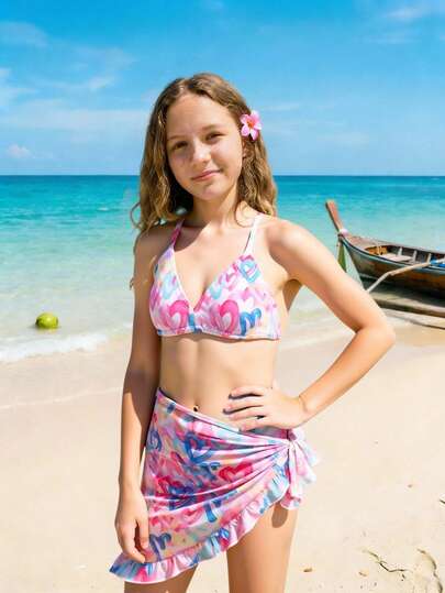 SHEIN Tween Girls' Three Piece Bikini Swimsuit Set, Featuring A Vibrant Abstract Print Halter Top, High-Waisted Bikini Bottoms, And A Matching Ruffle Sarong Cover-Up. Crafted From Soft, Quick-Dry, And Stretchy Fabric,  Swimwear Is Perfect For Beach Holidays, Pool Parties, And Tropical Vacations.  Resort Swimwear, Youth Beach Bikini, Summer Vacation Essentials Tween Bikini With Skirt Bikini For Tween Girl Slim Fit Swimwear Bikini Set With Sarong Skirt Beachwear Tween 7year 9year Old Bikini 3pcs Set Bik