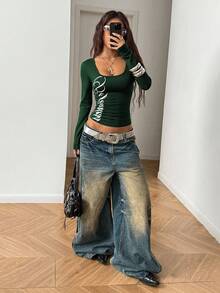 StreetHx Women's Black U-Neck Fitted Comfortable Silver Letter Print Punk Rock Y2K Baddie Casual Streetwear College 2000s Style Long Sleeve T-Shirt - Green - View 3