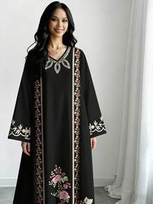 SHEIN Najma Women's Floral & Botanical Print V-Neck Long Sleeve Elegant Arabic Style Dress, Spring - Multicolor - View 4