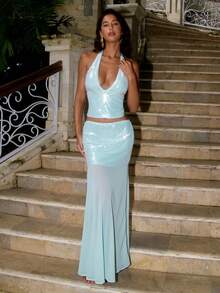 Opulessa 女士纯色亮片拼接露背上衣和迷你裙套装 - 淺藍色 - 查看 8