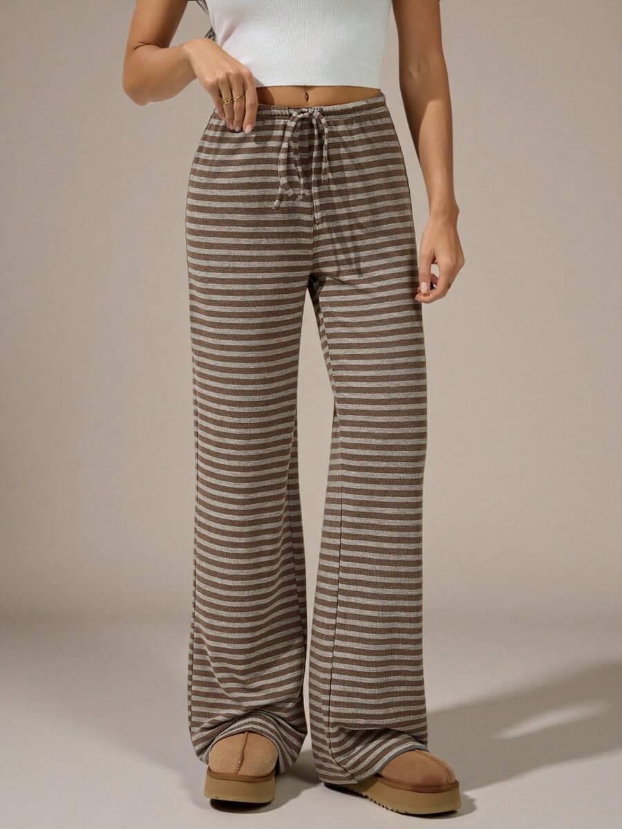 SHEIN Tall Women's New Brown Striped Low-Waist Pants, Autumn/Winter,Fall - Multicolor - View 1