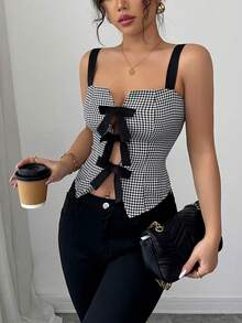 Selianne 优雅无袖蝴蝶结千鸟格收腰短款背心，春夏