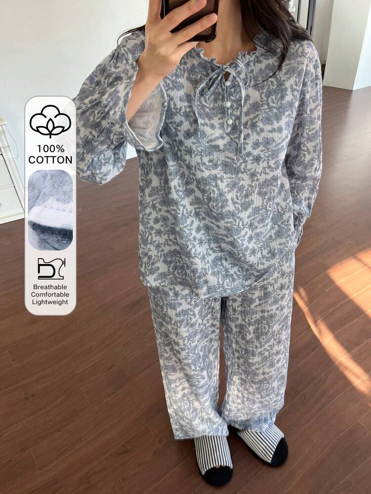 Dreamy Elegant Floral All-Over Print Frill Trim Tie Neck Loose Women Pajama Set