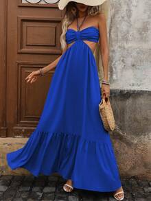 EMERY ROSE Vestido de estilo vacacional para mujer con cuello halter, espalda descubierta y pliegues en el pecho, para uso en verano - azul real - Ver 5