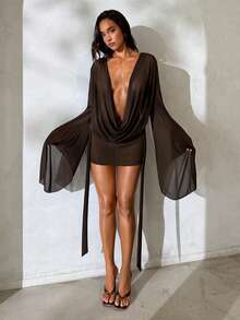 Aloruh Ny enfärgad brun överdragsklänning för kvinnor, långärmad, urringad halsringning, öppen rygg, minilängd, elegant sexig och transparent överdragsklänning, strandsemesteroutfit för kvinnor - Brun - Visa 5