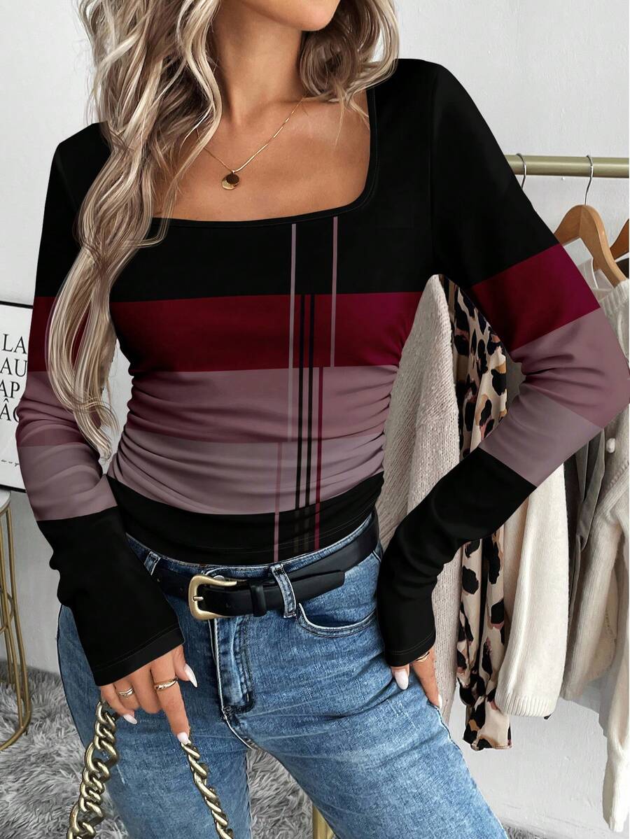 SHEIN LUNE Women's Casual Striped Print Square Neck T-Shirt - Multicolor - View 1