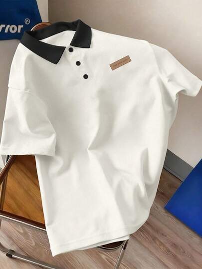 Manfinity Joysei 1. Svartvit pikétröja med kontrastkrage för män\N2. T-shirt med kort ärm och pikékrage i New York-stil, mångsidig topp för män