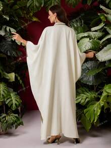 Al Najma Women's V-Neck Faux Pearl Decor Casual Loose Vacation Party Arabic Batwing Sleeve Dress Kaftan Jalabiya Dress - Apricot - View 3