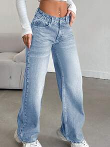 EURMUSE 女士休闲水洗低腰直筒牛仔裤 - 淺色水洗藍 - 查看 4