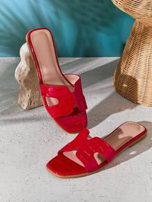 SHUZIA 史上最畅销女式奢华风镂空露趾经典鳄鱼皮红色拖鞋春季鞋