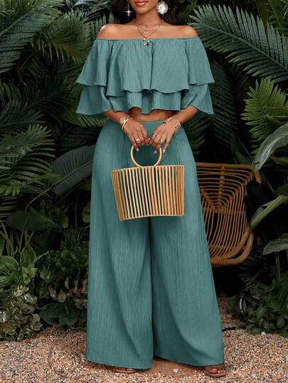SHEIN Lady Plus Size Spring And Summer Elegant Boho Casual Outing Beach Blue Woven Textured Strapless Plus Size Co-Ords, Summer Outfits Off Shoulder Top And Pants Two Piece Pant Set Summer Pant Set Wide Leg Pants Set Green Two Piece Set