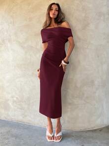 Aloruh Women's Commuter, Casual, Office Ruched Bodycon Mid-Length Dress, Spring/Summer - Maroon - View 1