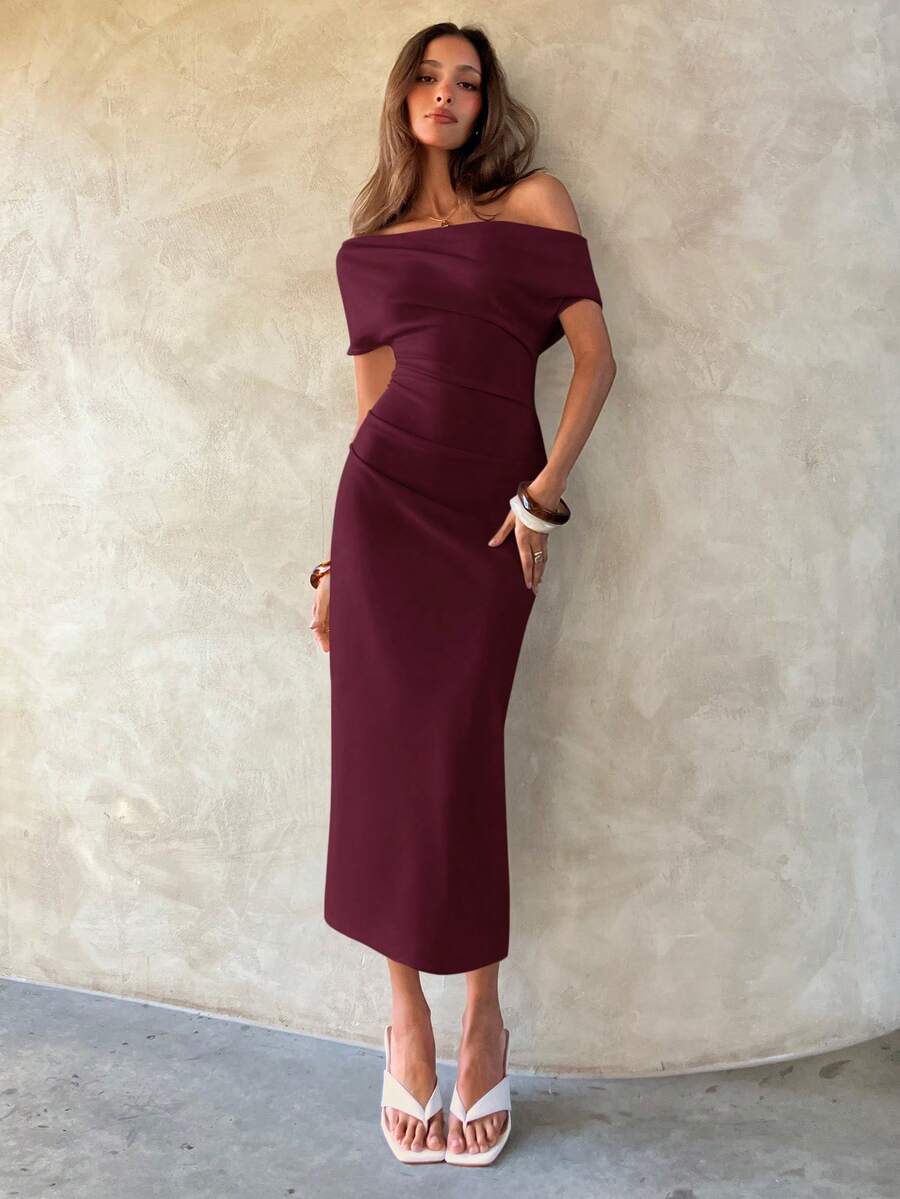 Aloruh Women's Commuter, Casual, Office Ruched Bodycon Mid-Length Dress, Spring/Summer - Maroon - View 1