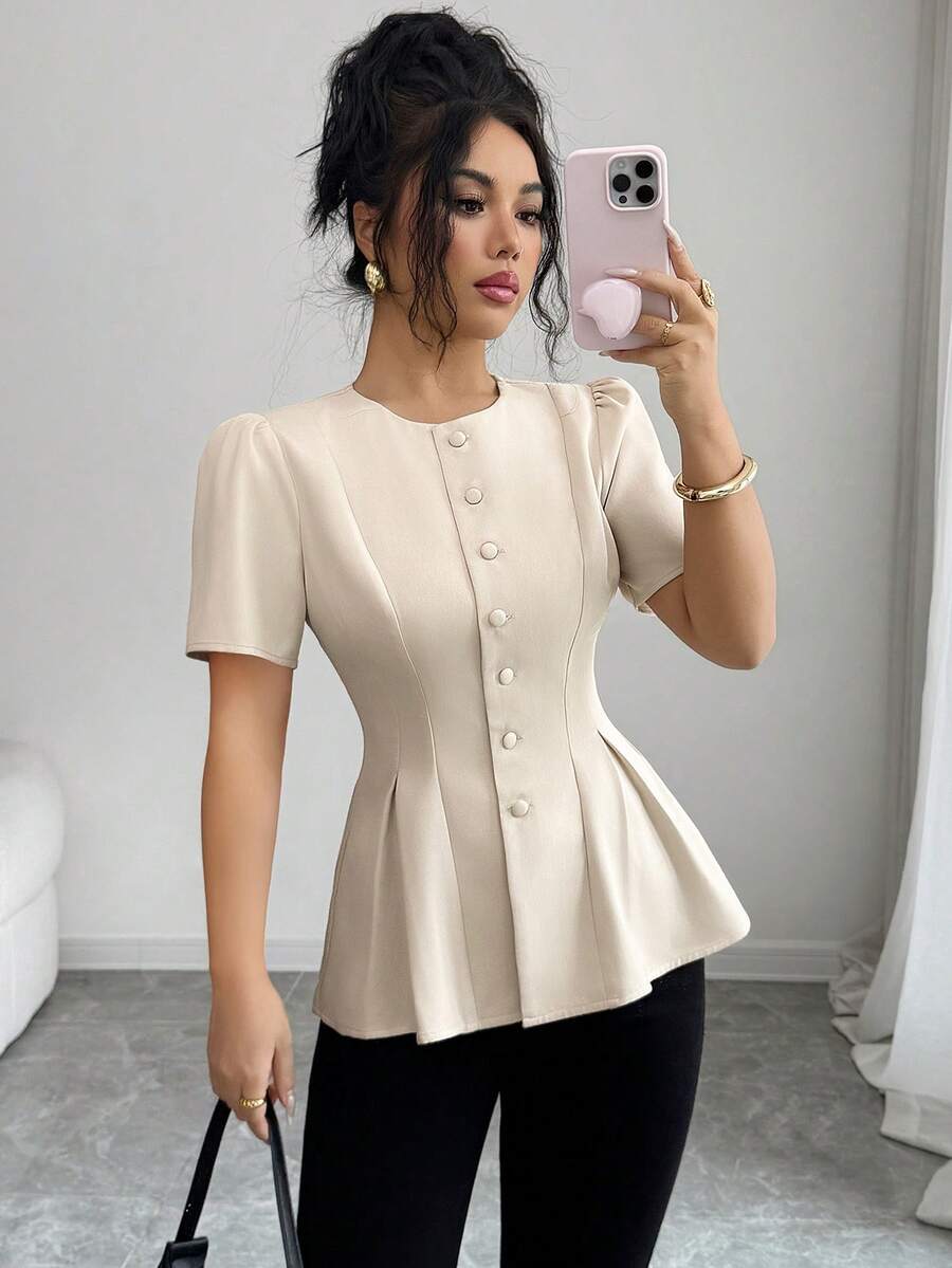 Elenzga 女士纯色圆领纽扣A字短袖杏色优雅衬衫，精致优雅的法式复古浪漫简约风，适合办公室、通勤、商务、休闲、海滩、日常穿着，春夏新品 - 杏色 - 查看 1