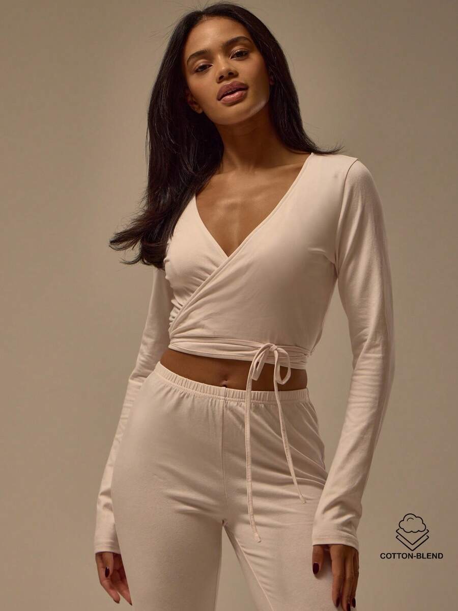 MUSERA ESSENTIALS Áo thun dài tay kiểu ba lê bằng cotton, có dây buộc, thích hợp mặc ở nhà, thích hợp mặc mùa đông, ấm áp, dễ thương hàng ngày, cần thiết cho kỳ nghỉ xuân, lễ hội, mùa hè. - Hồng - Xem 1